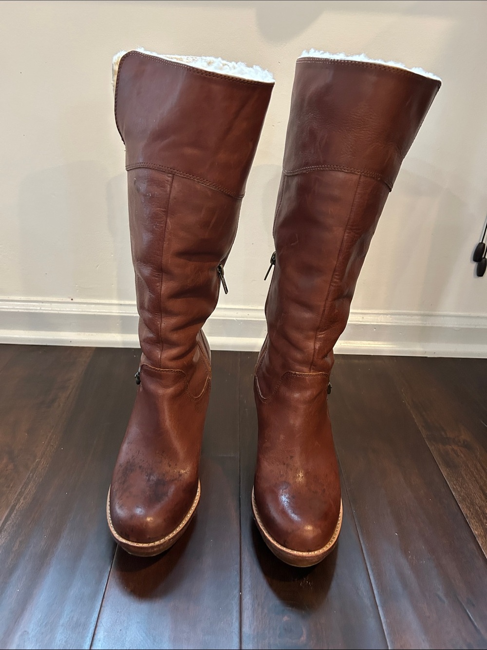 Uggs-Women's Tall Brown Leather Winter Boots with Shearling Lining